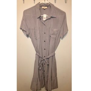 NWT. Loft button up dress with ruffle hem and tie.